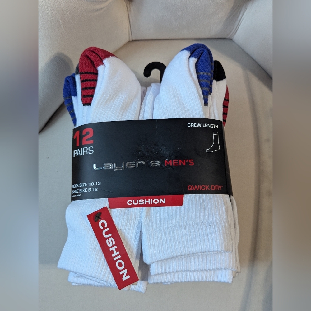 Free Shipping! Layer 8 Men's Athletic Crew Socks - Red, Gray, White - Picture 3 of 4